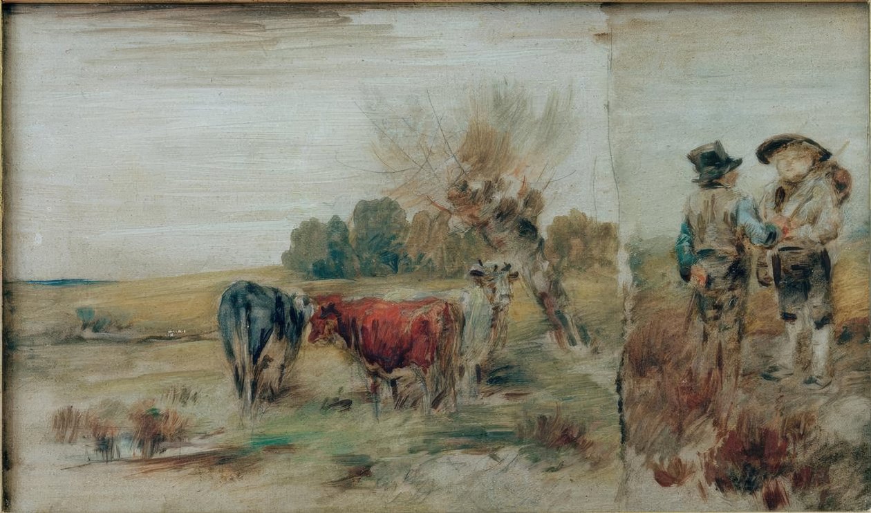 Doble imagen: Vacas en el prado, dos campesinos conversando de Wilhelm Busch
