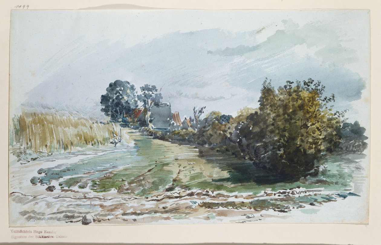 Camino entre un campo de trigo y arbustos con cabañas al fondo de Wilhelm Busch