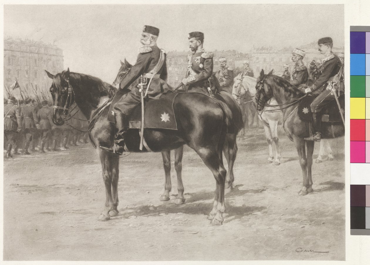 El emperador Francisco José I y el zar Nicolás II en el desfile del Campo de Marte de San Petersburgo. de Wilhelm Gause