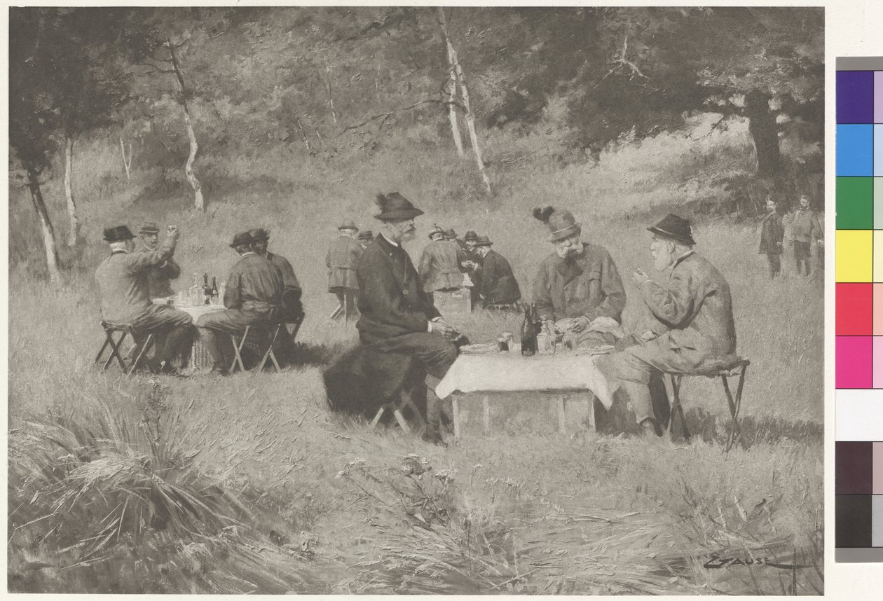 Fiesta de caza - El emperador Francisco José a la mesa con el príncipe Leopoldo de Baviera y el gran duque Fernando IV de Toscana de Wilhelm Gause