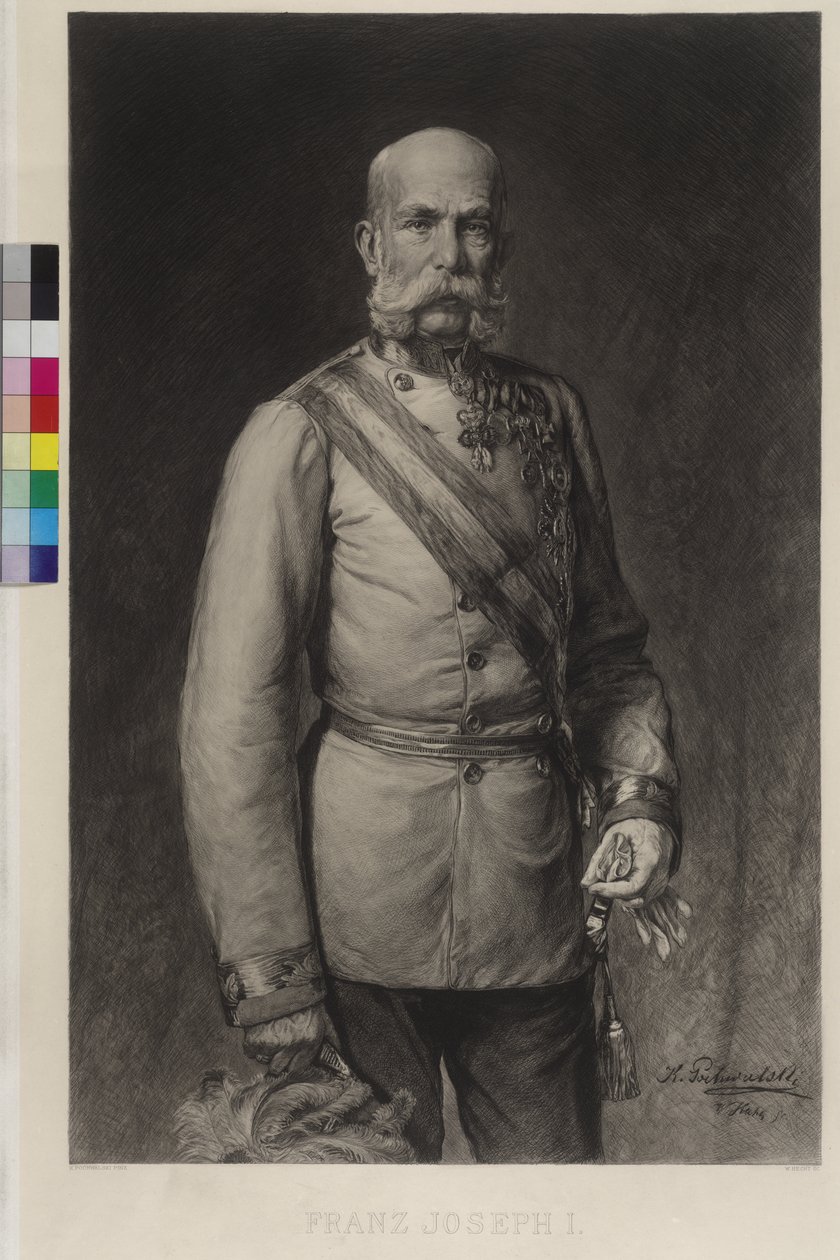 Francisco José I con uniforme de gala de mariscal de campo, el sombrero de gala en el rastrillo de Wilhelm Hecht