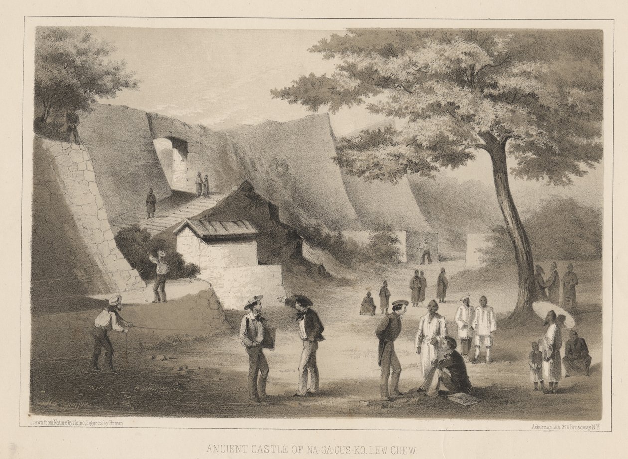 Antiguo castillo de Na-Ga-Cus-Ko, Lew Chew, 1855 de Wilhelm Joseph Heine