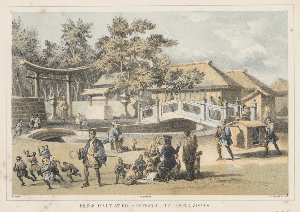 Puente de piedra cortada y entrada a un templo, Simoda, 1855 de Wilhelm Joseph Heine