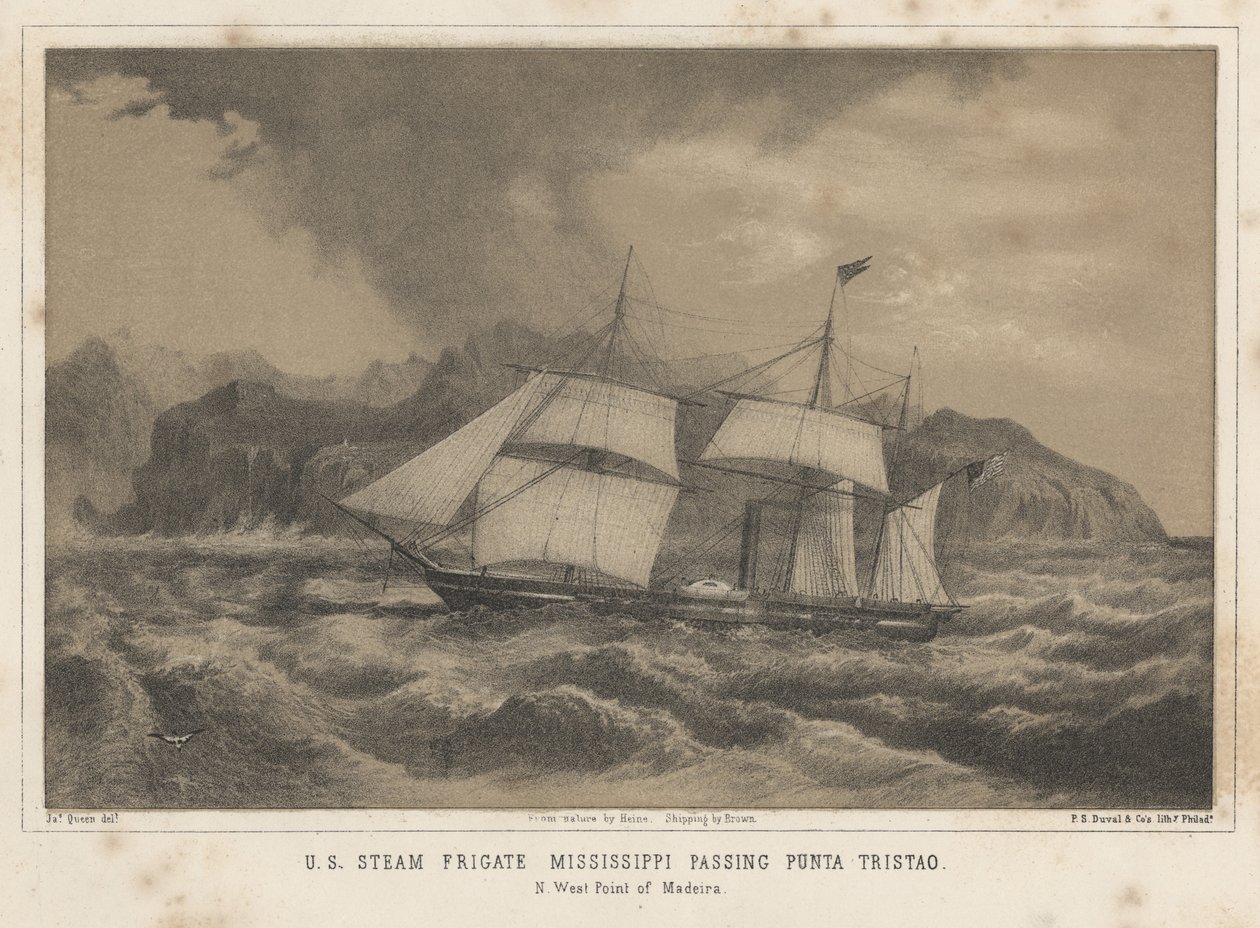 Fragata de vapor estadounidense Mississippi pasando Punta Tristao, 1855 de Wilhelm Joseph Heine