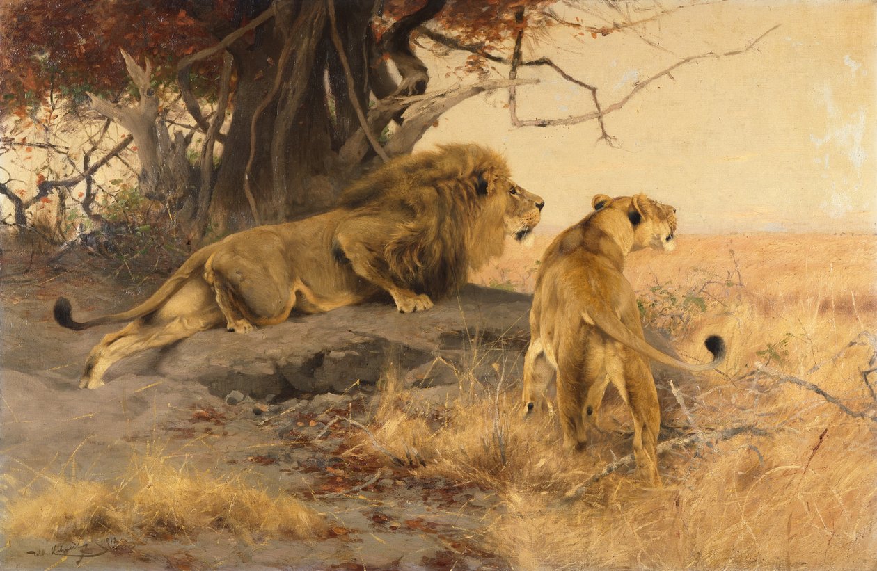 Un león y una leona en la sabana de Wilhelm Kuhnert