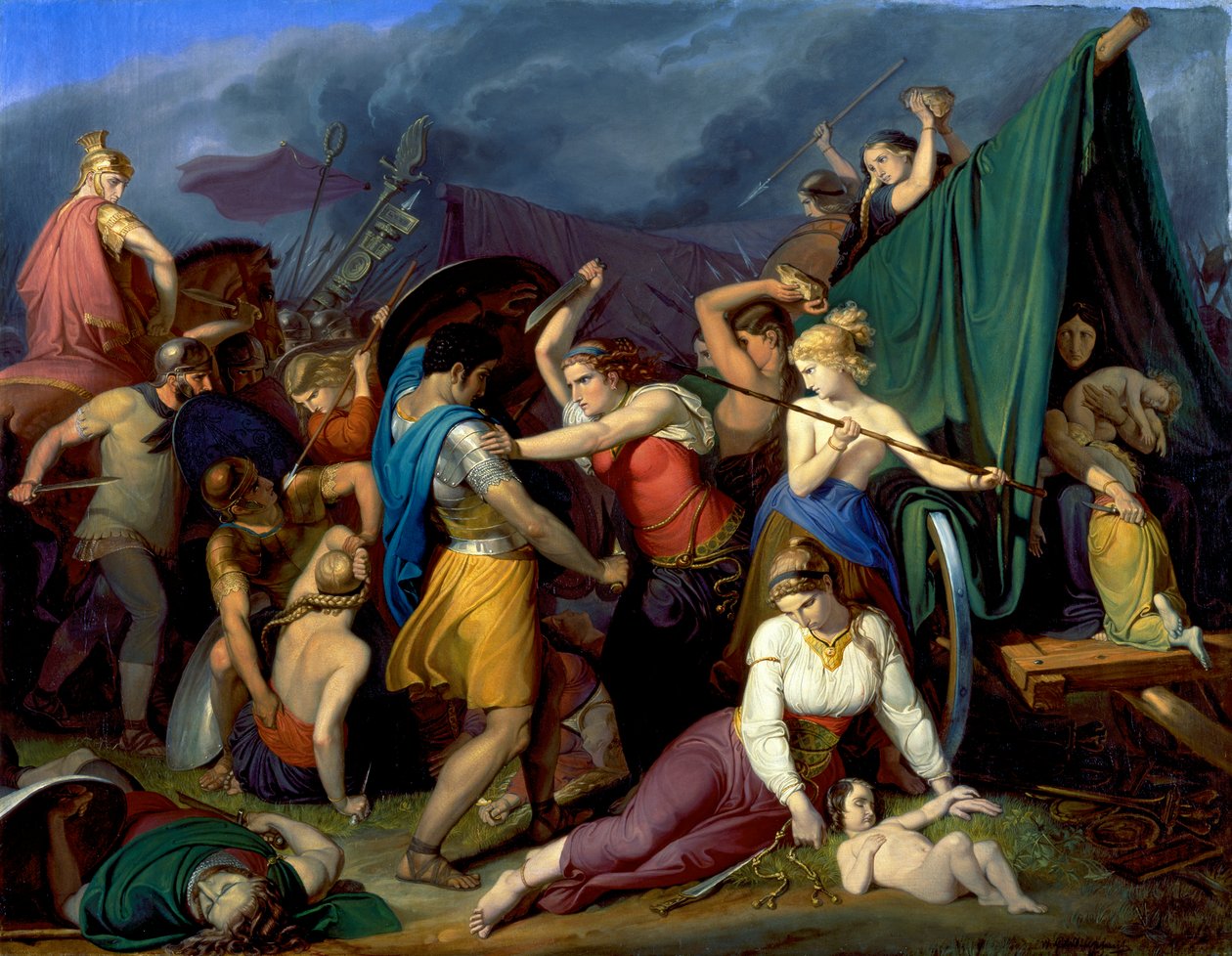 Las mujeres de Cimbri defendiendo su castillo de carretas contra los romanos. de Wilhelm Lindenschmit der Ältere