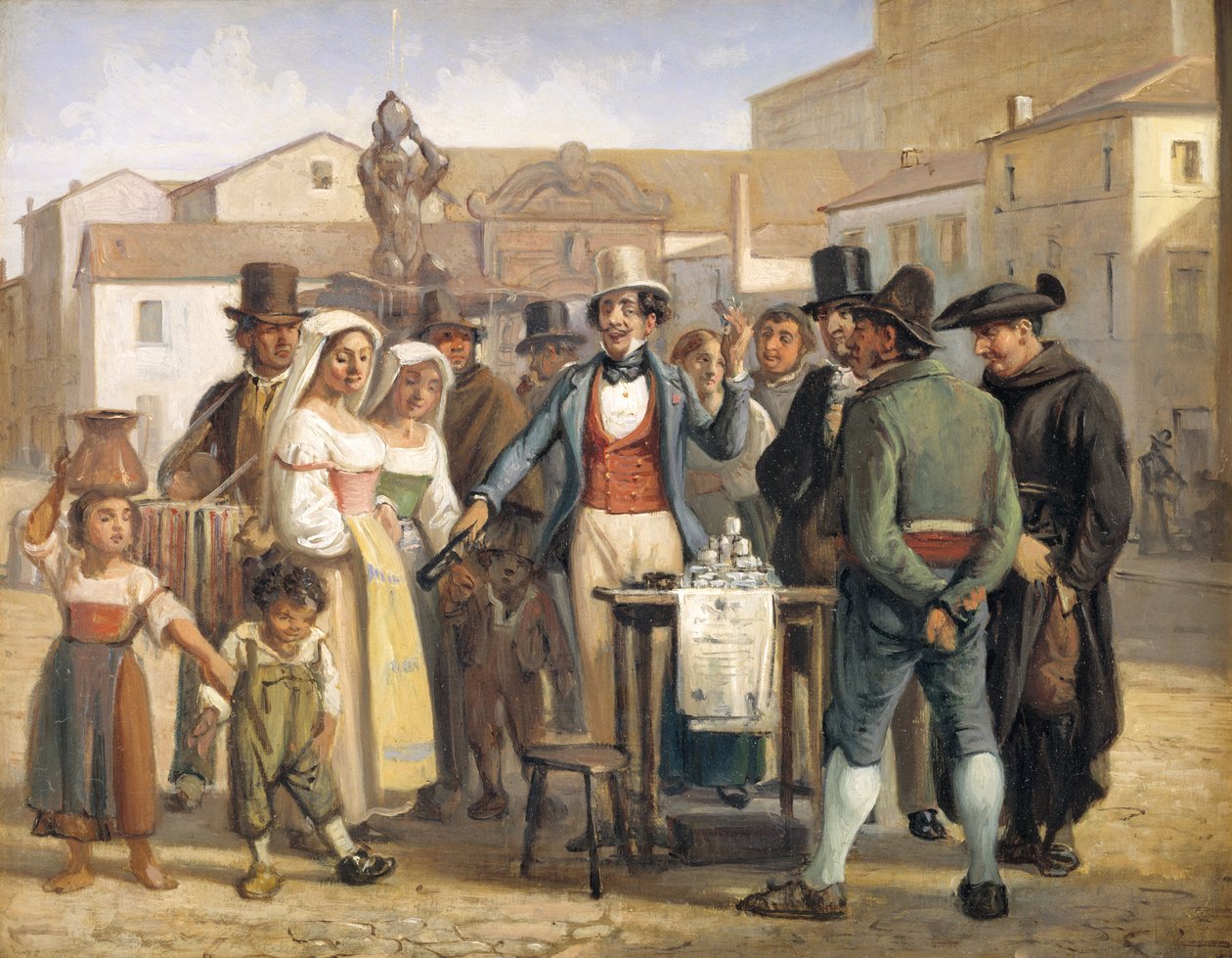 Un charlatán vendiendo betún en la Piazza Barberini en Roma de Wilhelm Marstrand
