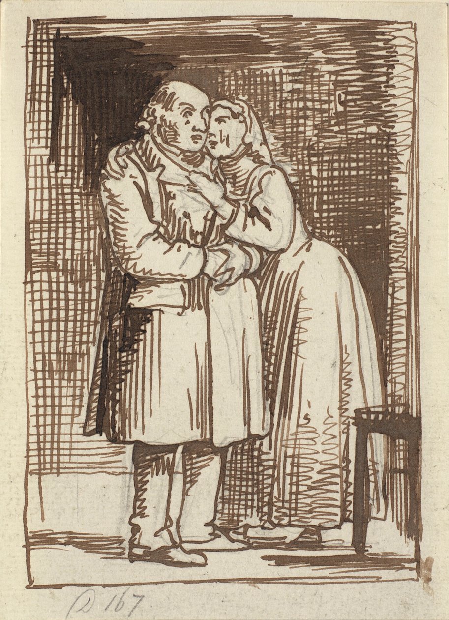 La esposa aduladora: Una esposa habla insistentemente a su viejo esposo y tiene los brazos alrededor de su cuello de Wilhelm Marstrand
