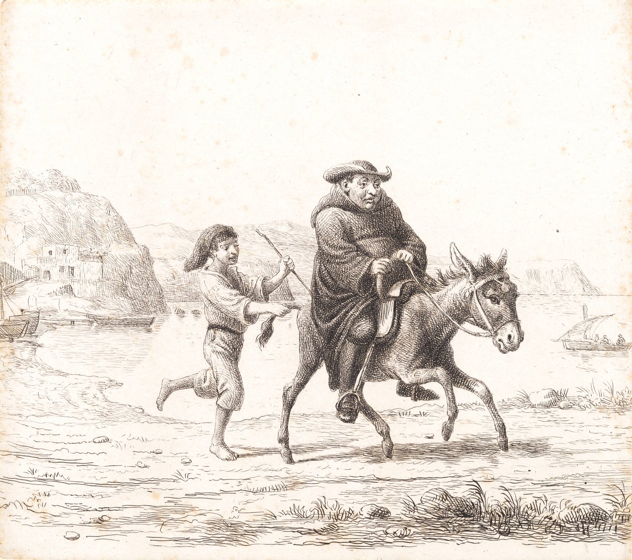 Un monje montando un burro seguido por un niño italiano de Wilhelm Marstrand