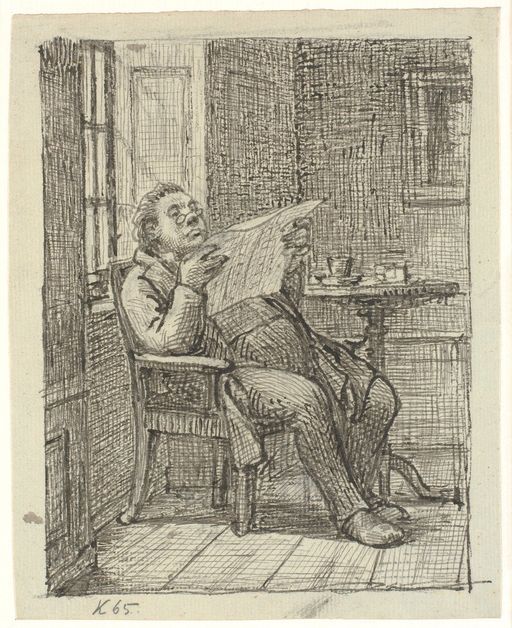 Un hombre gordo leyendo el periódico con su café de Wilhelm Marstrand