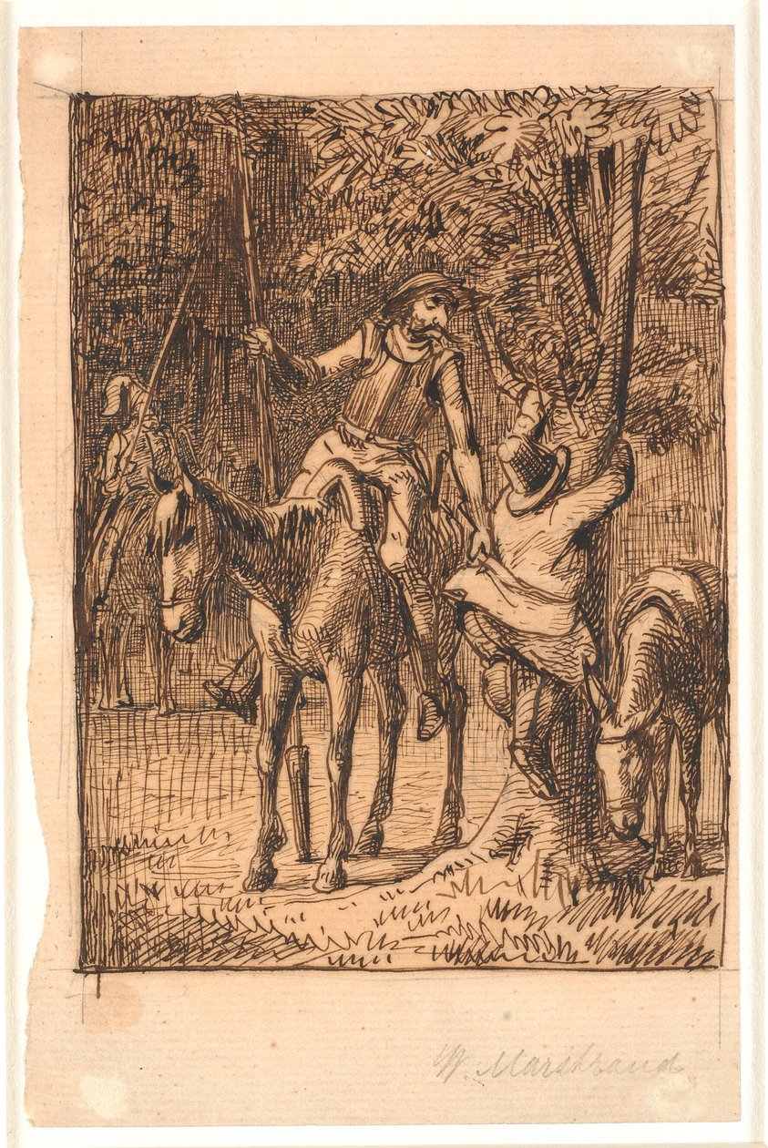 Antes de la lucha con el caballero del espejo, Don Quijote ayuda a Sancho Panza a subir a un árbol de Wilhelm Marstrand