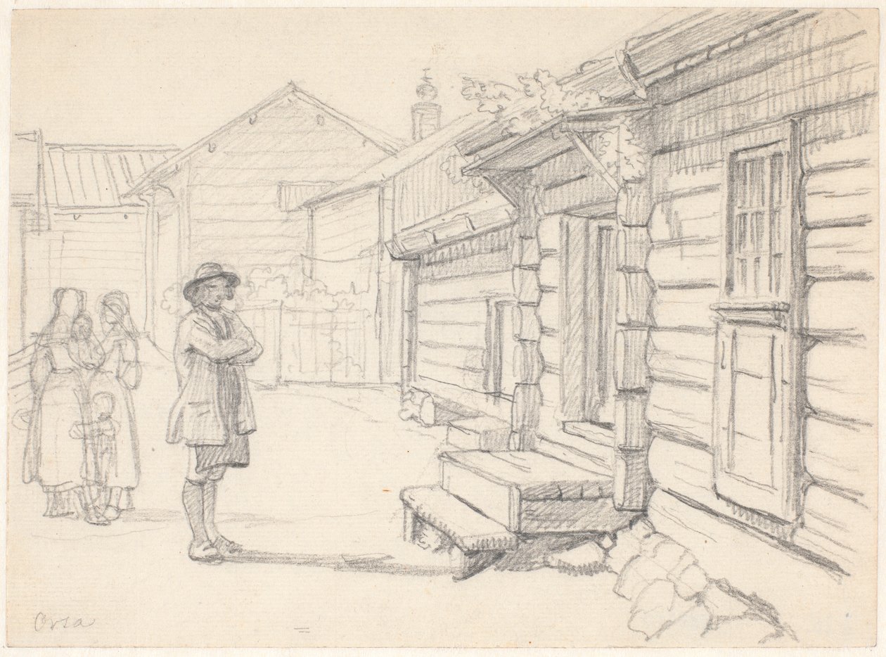 Calle de Orsa, en Dalarna, con dos mujeres, un niño y un hombre de Wilhelm Marstrand