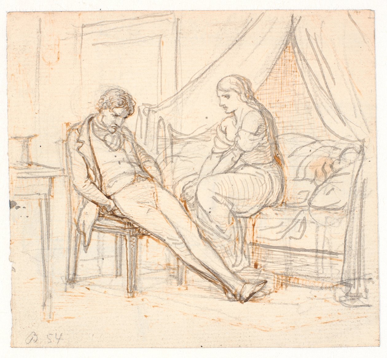 Interior con joven melancólico y una niña en una cama de Wilhelm Marstrand