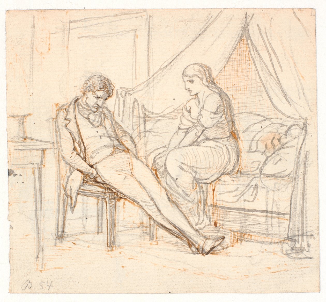 Interior con joven melancólico y una niña en una cama de Wilhelm Marstrand