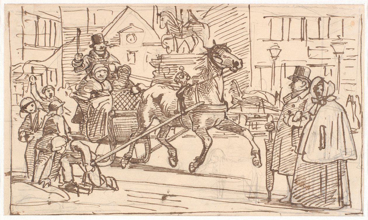 Paseo en trineo alrededor de "El Caballo" en Kongens Nytorv de Wilhelm Marstrand