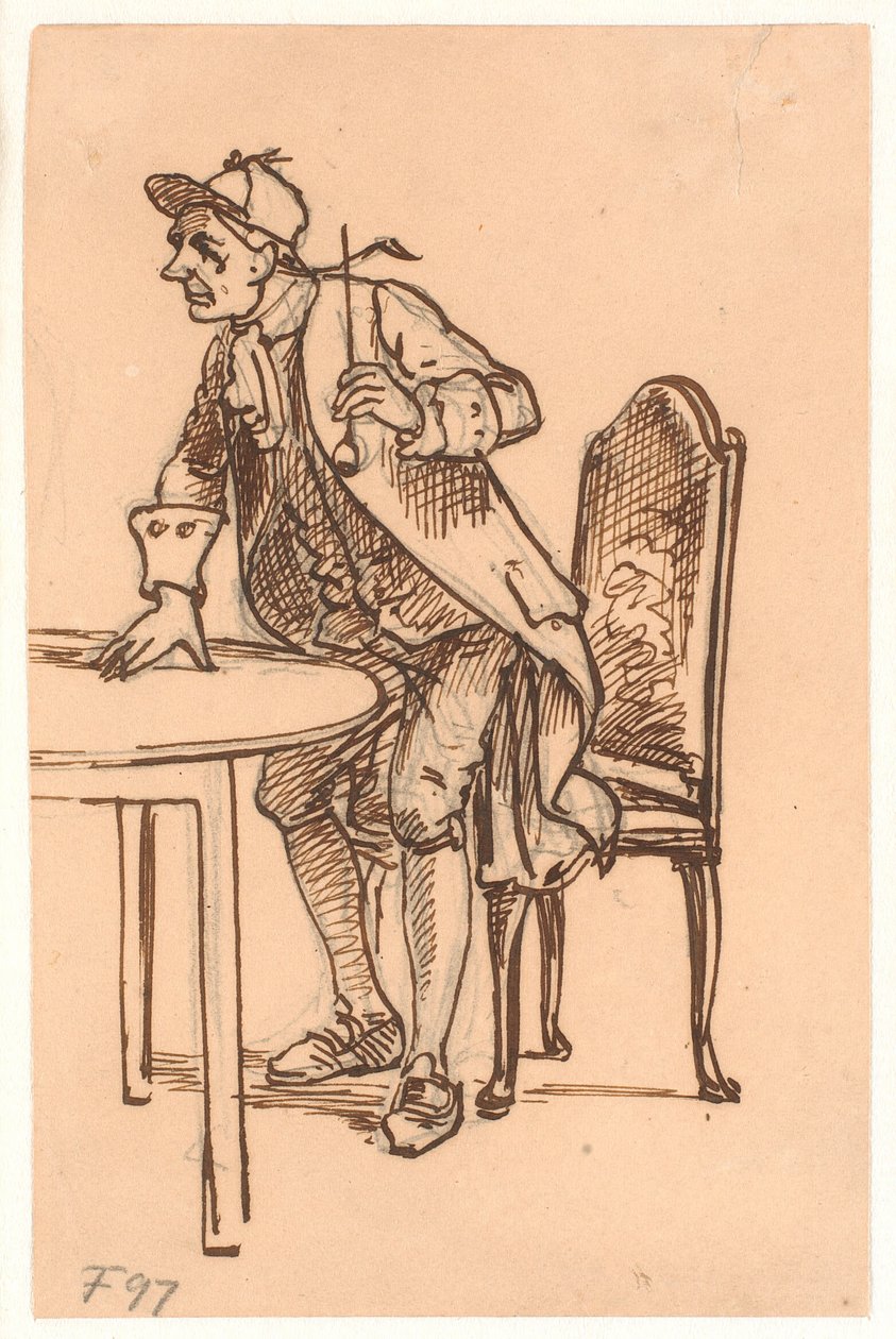 Hombre con gorra y pipa levantándose (¿discutiendo?) en una mesa de Wilhelm Marstrand