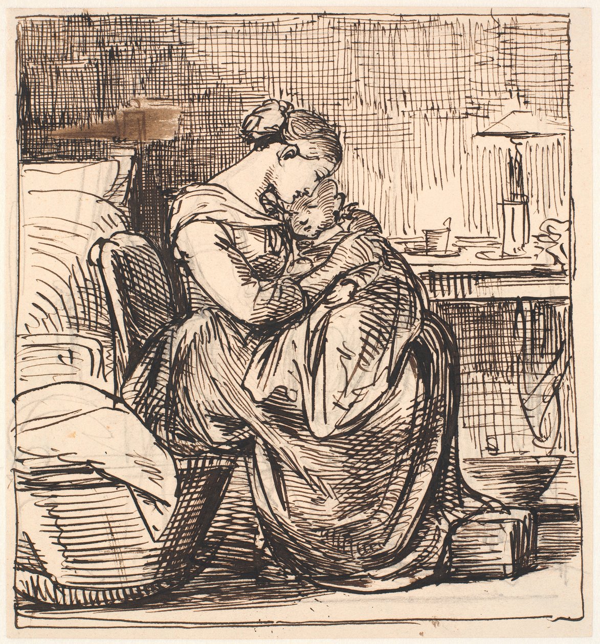 Madre con niño dormido en el regazo en el dormitorio de Wilhelm Marstrand