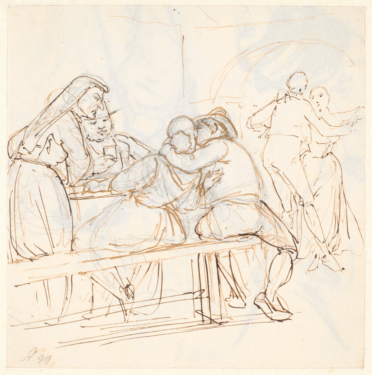 Escena de ópera, en primer plano una pareja sentada se besa de Wilhelm Marstrand
