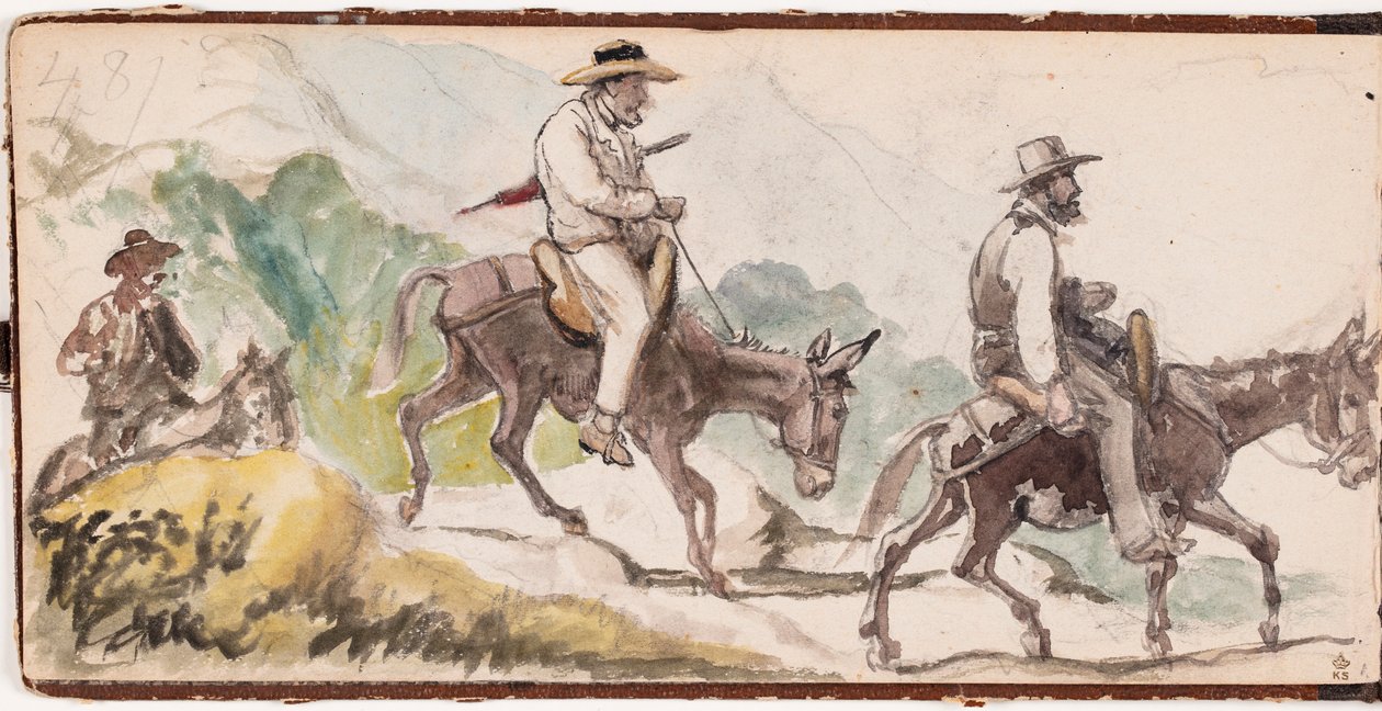 P.C. Skovgaard y A. Kittendorff montados en burros en un paisaje montañoso de Wilhelm Marstrand
