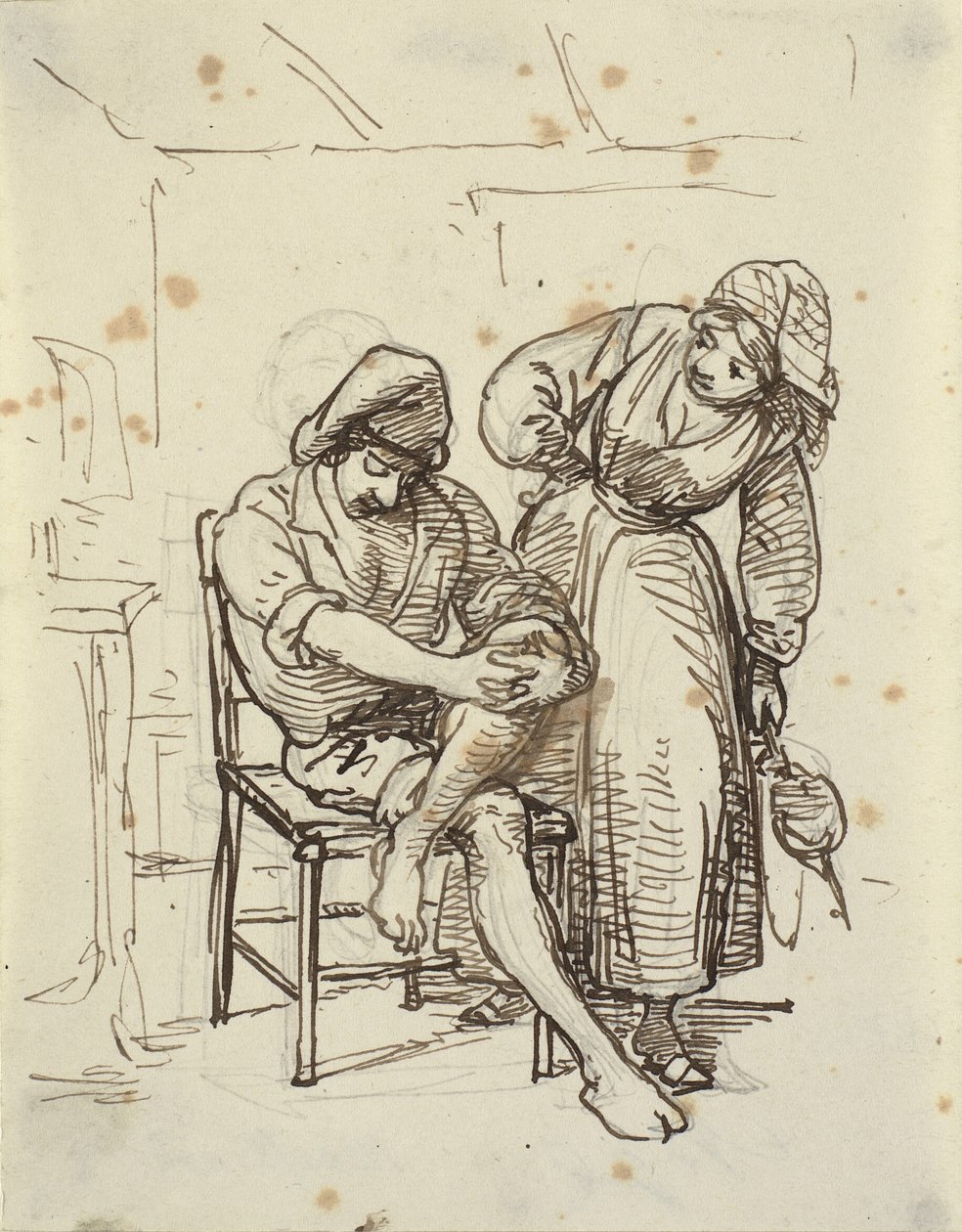 Chica mirando a un joven pescador sentado en una silla de Wilhelm Marstrand
