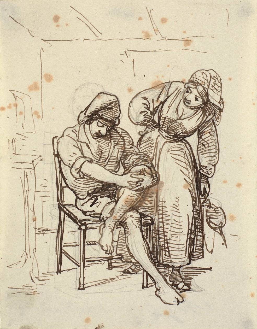 Chica mirando a un joven pescador sentado en una silla de Wilhelm Marstrand