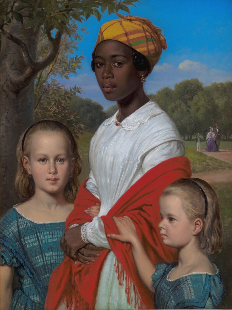 Retrato de las dos Hijas de Otto Marstrand y su Niñera de las Indias Occidentales, Justina Antoine, en los Jardines de Frederiksberg cerca de Copenhague de Wilhelm Marstrand
