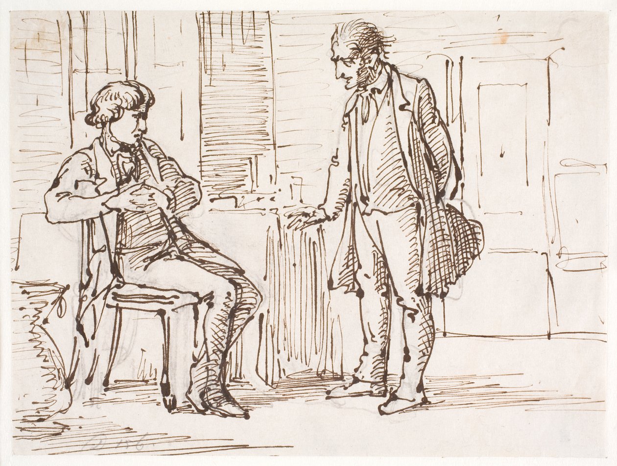 Conversación entre un hombre joven sentado y un hombre mayor de pie de Wilhelm Marstrand