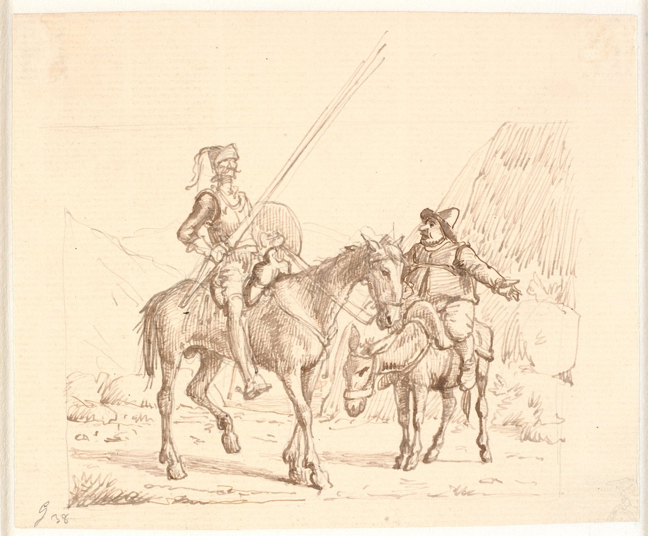 Sancho en el burro explicando algo a Don Quijote de Wilhelm Marstrand