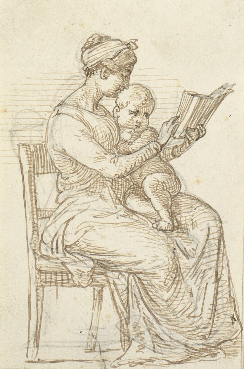 Mujer sentada muestra un libro a un niño pequeño de Wilhelm Marstrand
