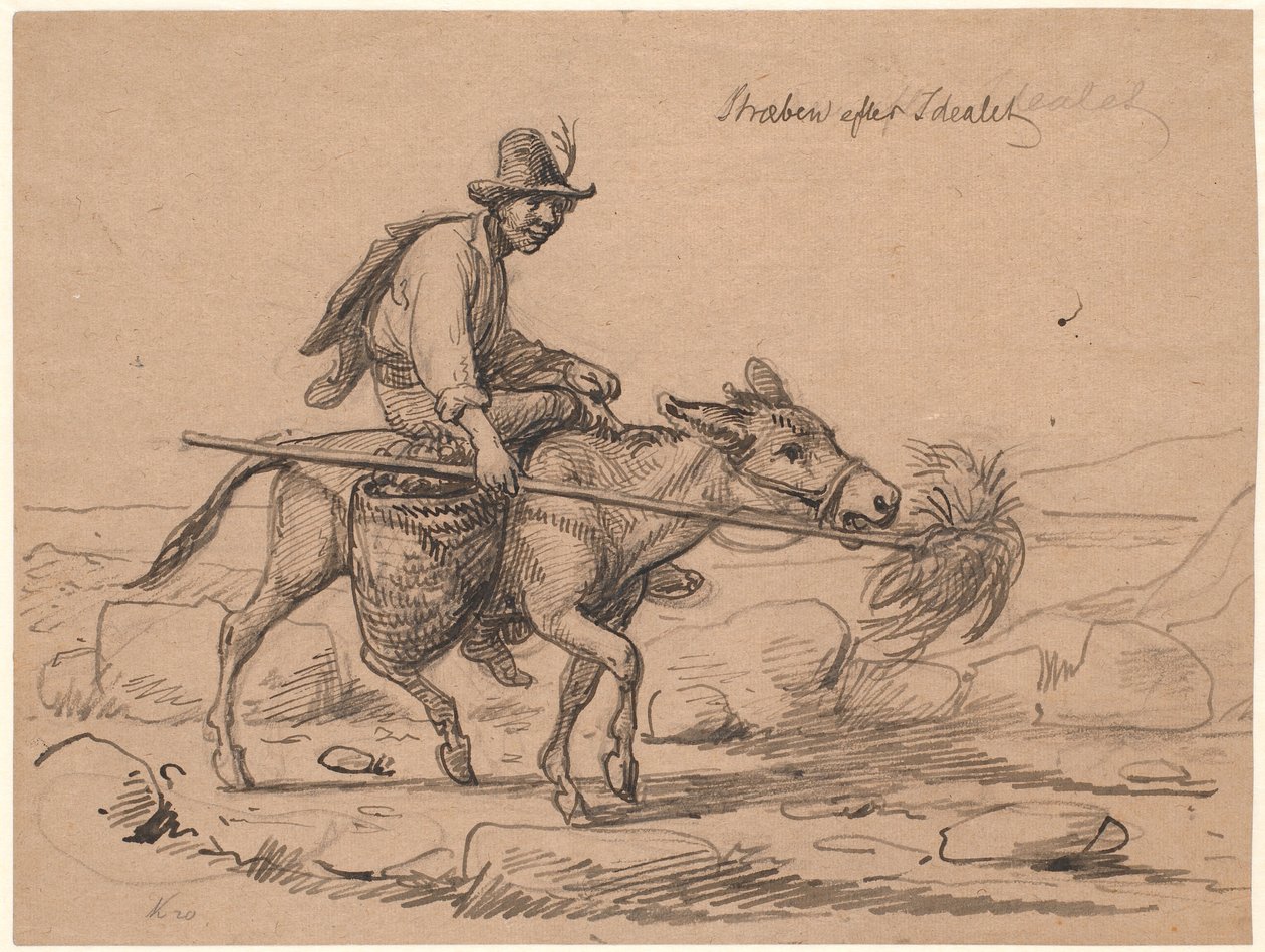 "Esfuerzo por el ideal". Jinete italiano de burro impulsa al animal sosteniendo un manojo de heno en una vara frente a su hocico de Wilhelm Marstrand