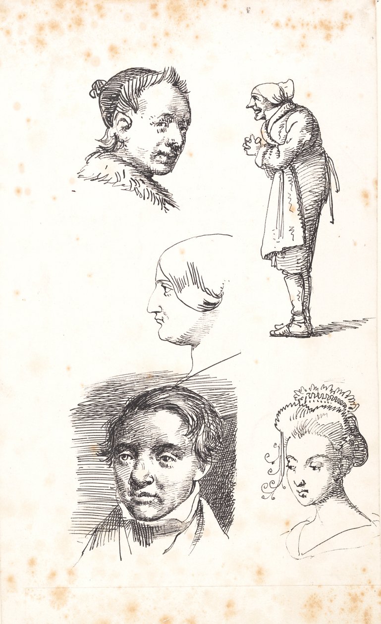 Hoja de estudio con dos cabezas de hombre, dos cabezas de mujer y un hombre de pie de Wilhelm Marstrand