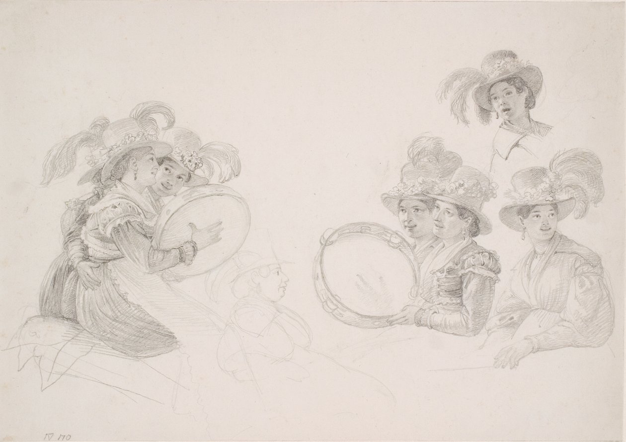 Mujeres romanas tocando el tambor con altos sombreros emplumados de Wilhelm Marstrand