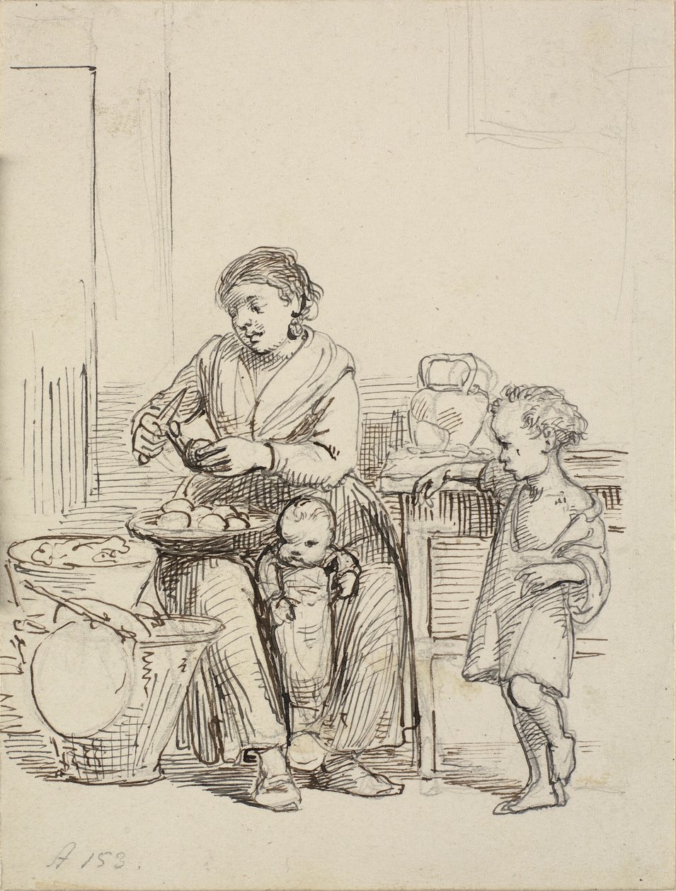 Dos niños y una mujer pelan patatas de Wilhelm Marstrand