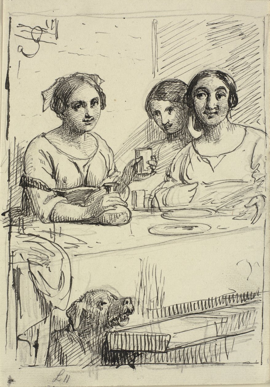 Tres chicas en una mesa, debajo de la mesa un perro de Wilhelm Marstrand