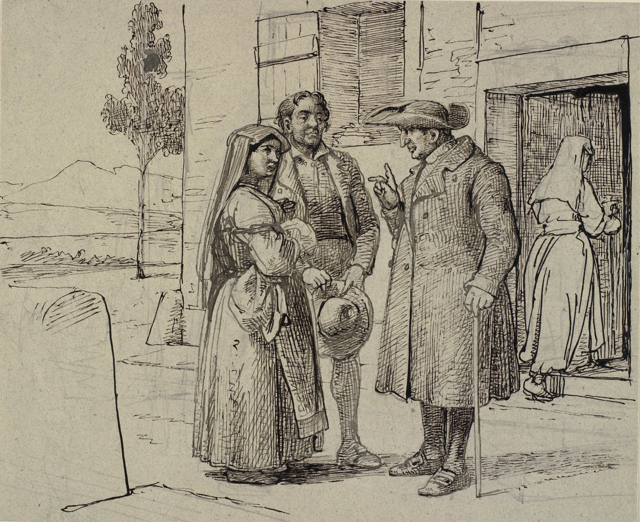 Fuera de una casa, un sacerdote amonesta a una pareja joven de Wilhelm Marstrand