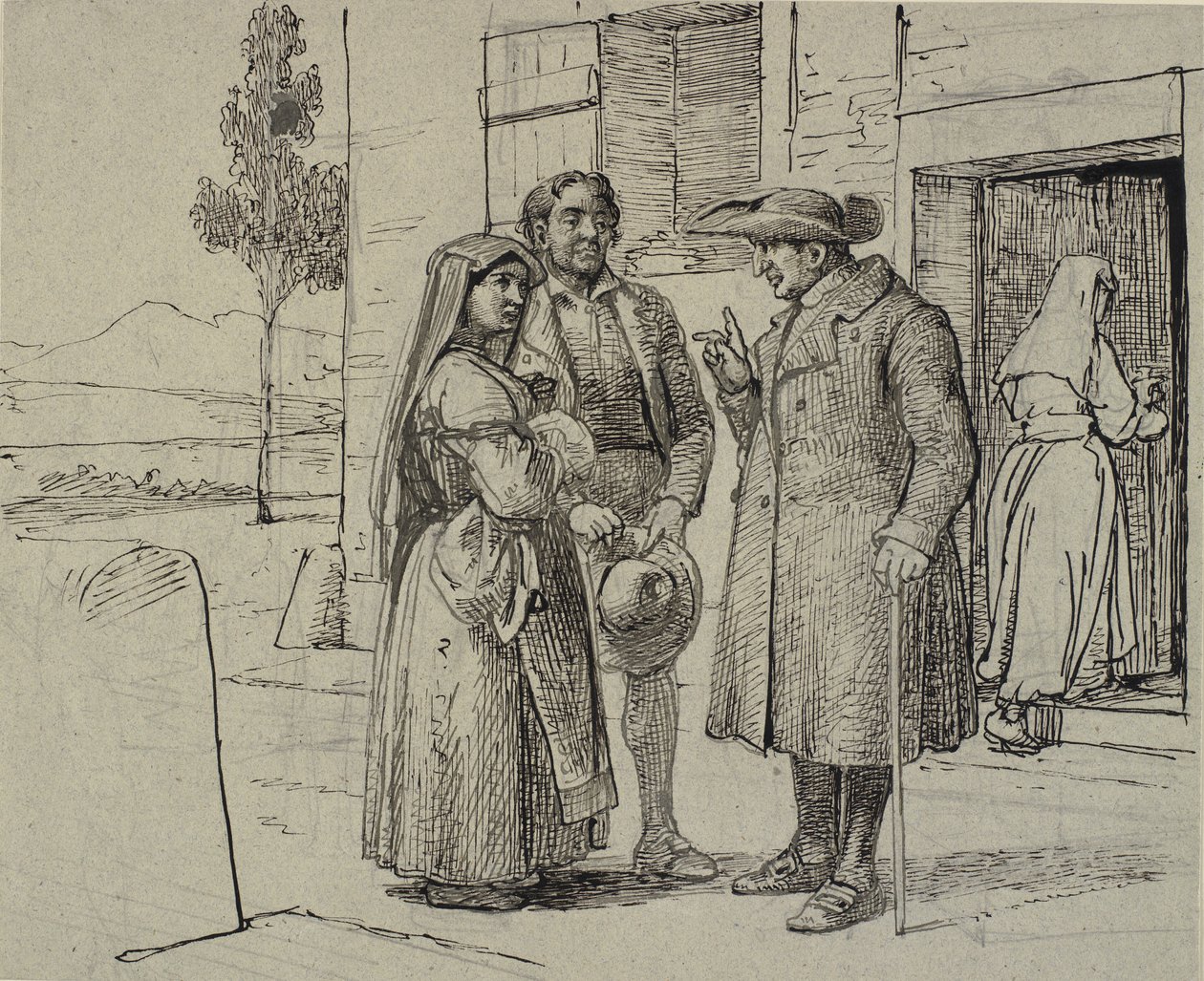 Fuera de una casa, un sacerdote amonesta a una pareja joven de Wilhelm Marstrand