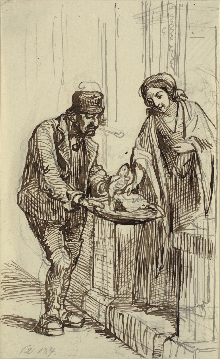 Joven dama y vendedor de pescado de Wilhelm Marstrand