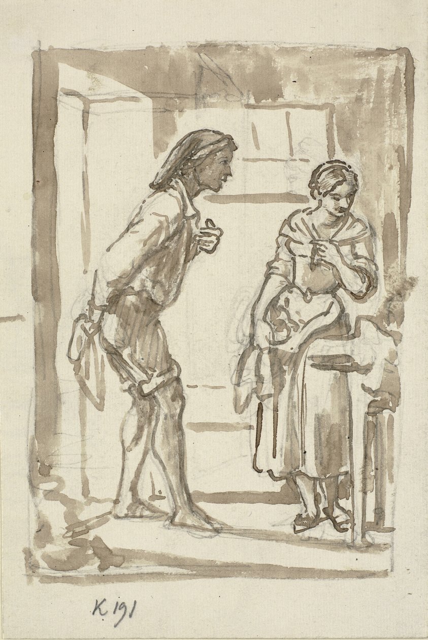 Joven pescador entrando por la puerta a una joven de Wilhelm Marstrand