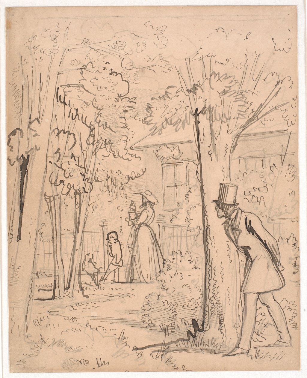 Joven observando en el jardín el comportamiento de su amada (al acecho) de Wilhelm Marstrand
