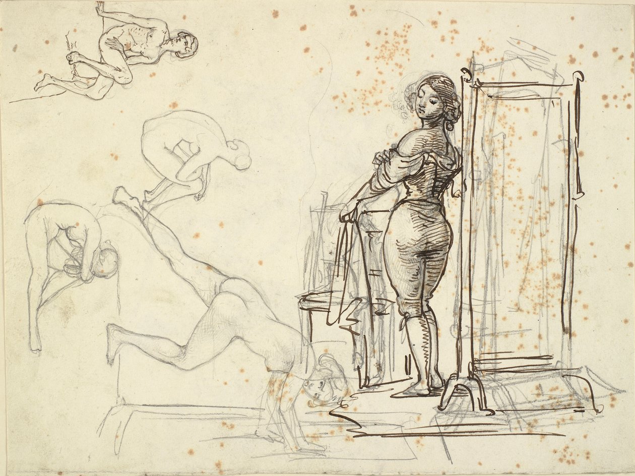Joven chica vistiéndose y cuatro estudios de modelo de Wilhelm Marstrand