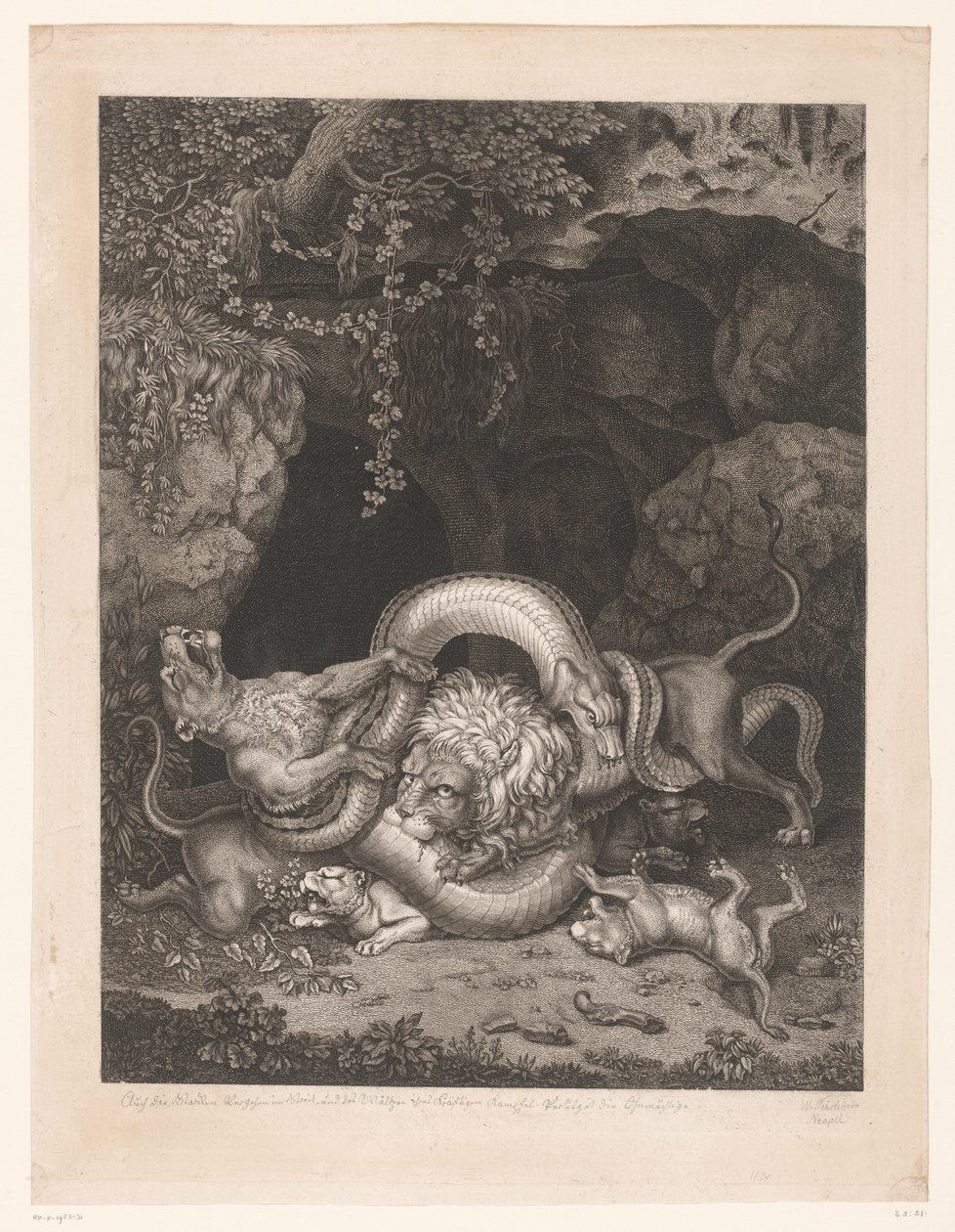 León y leona protegen a los cachorros de una serpiente de Wilhelm Tischbein