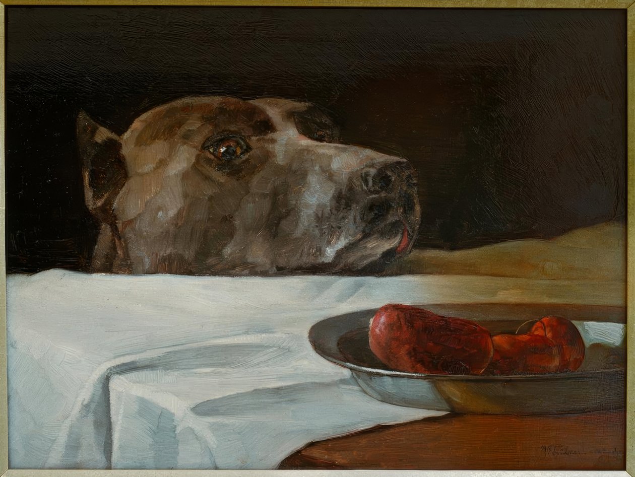 Dogo con plato de salchichas de Wilhelm Trübner