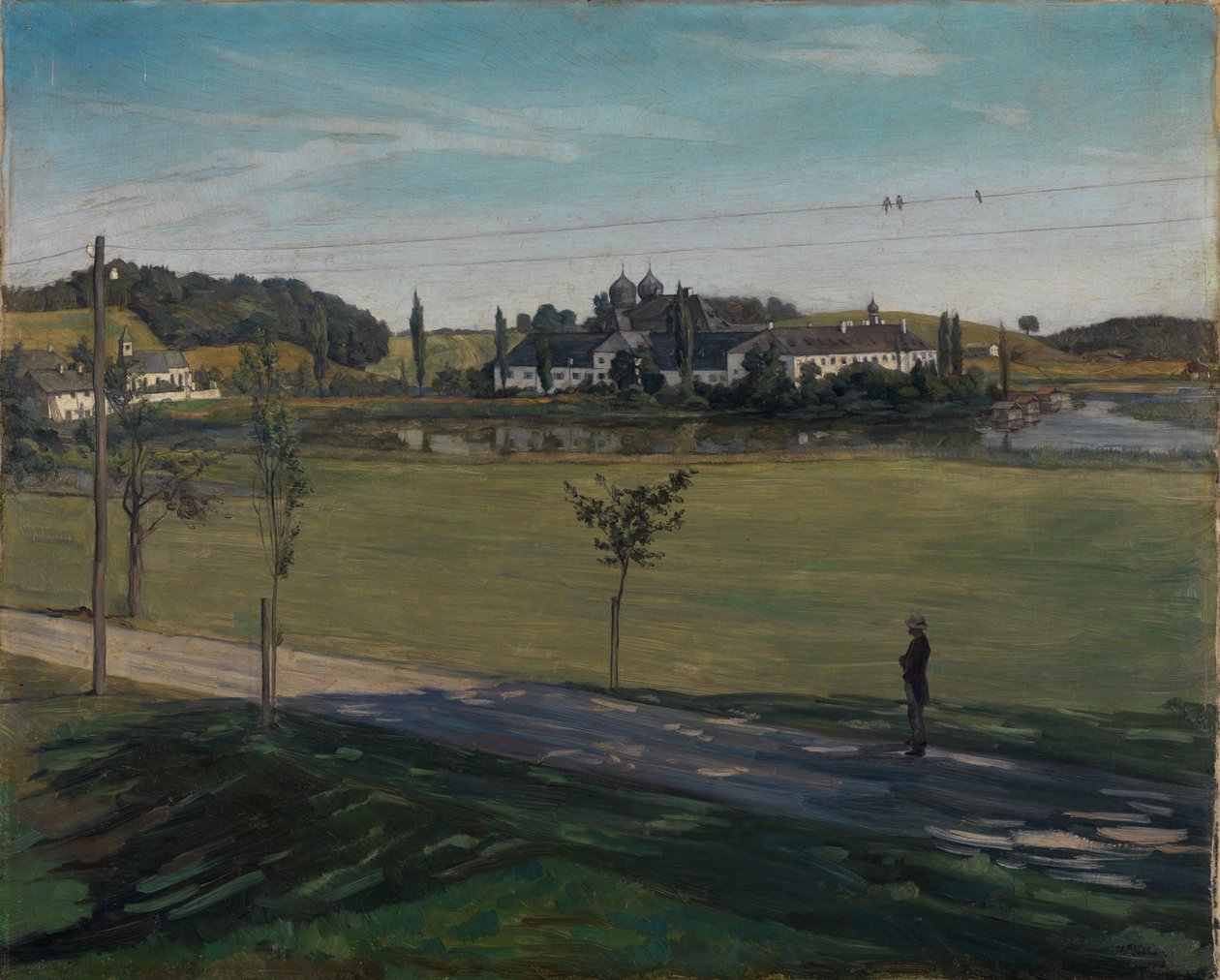 Paisaje cerca del monasterio de Seeon con poste telegráfico de Wilhelm Trübner