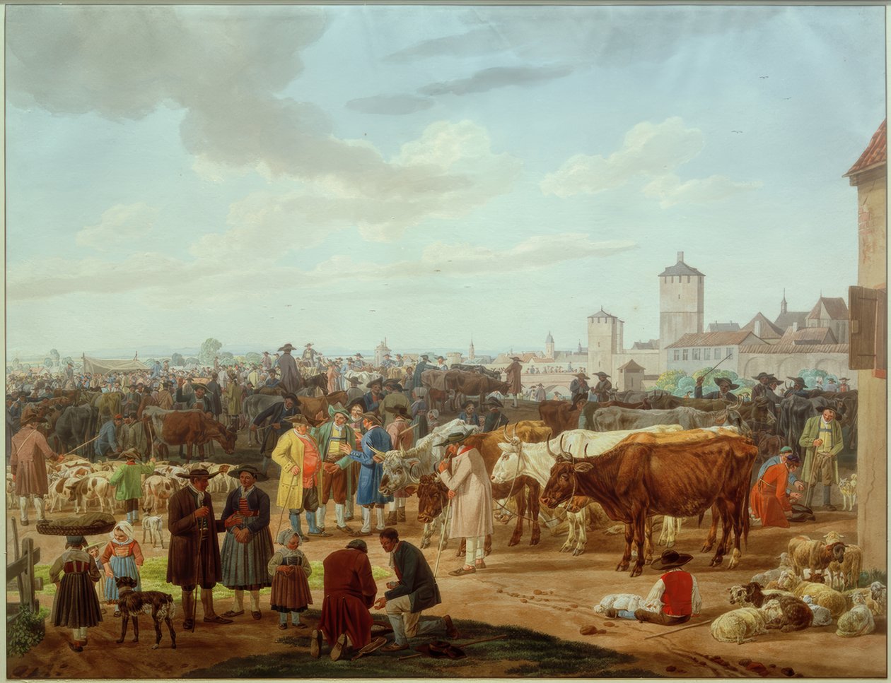 Mercado de ganado en el borde de una ciudad de Wilhelm von Kobell