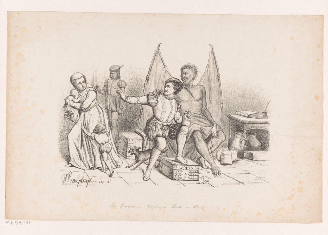 Hombre poseído por la codicia La sed de oro ahuyenta a la viuda y al huérfano (título sobre el objeto) de Wilhelmus Petrus van Geldorp