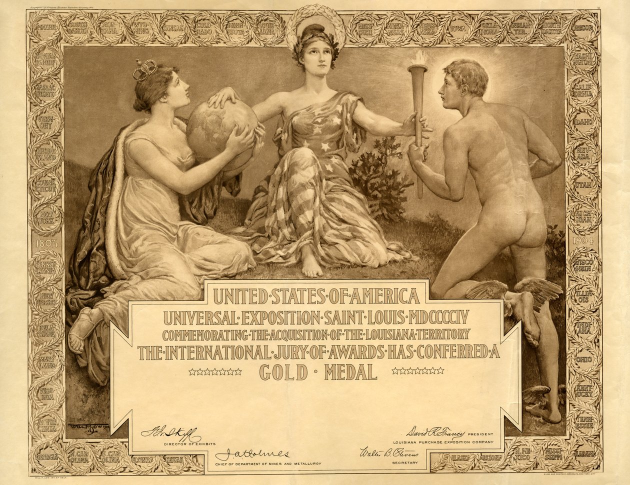 Certificado de la Medalla de Oro en blanco de la Exposición de la Compra de Luisiana, 1904 de Will H. Low