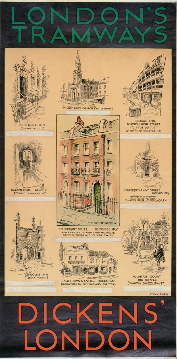 El Londres de Dickens, cartel de Tranvías del Consejo del Condado de Londres LCC, 1930 de Will Owen