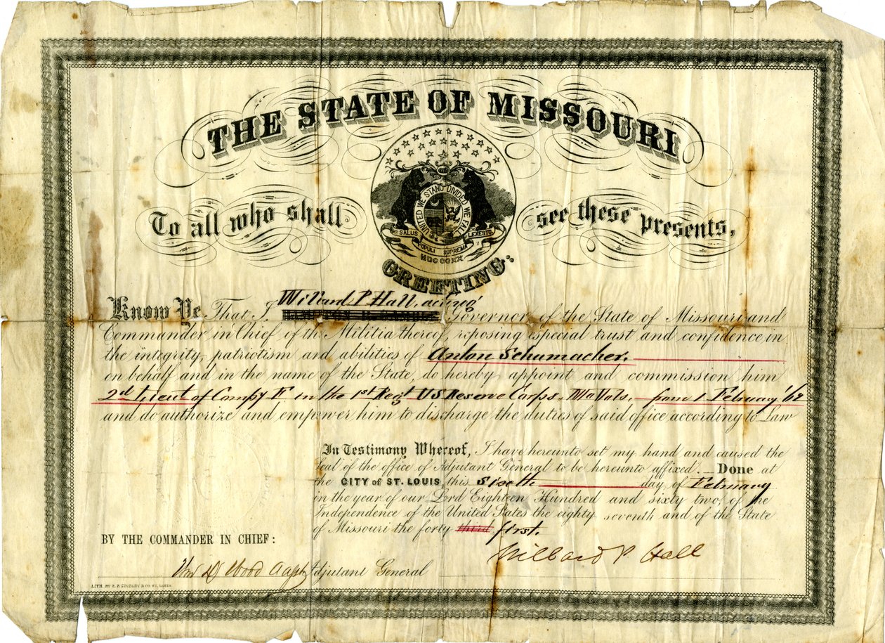 Comisión militar de Anton Schumacher como segundo teniente de la Compañía F en el 1er Regimiento U.S.R.C., Voluntarios de Missouri, 6 de febrero de 1862 de Willard P. Hall