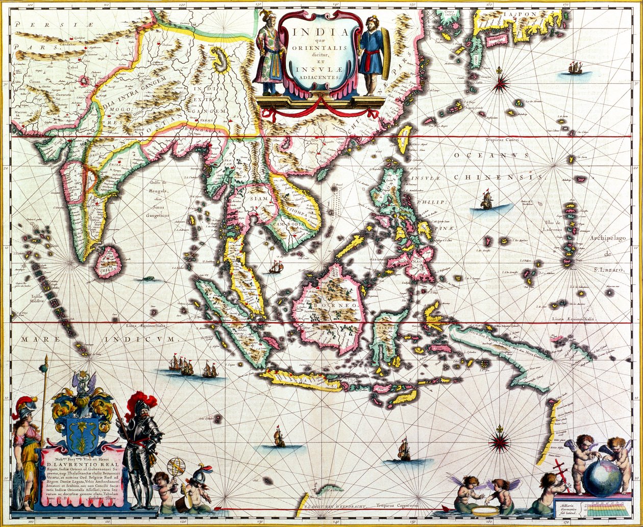 India Quae Orientalis Dicitur, Et Insulae Adiacentes, mapa que muestra el Sudeste Asiático y las Indias Orientales, publicado en Ámsterdam, c.1635 (grabado a mano) de Willem Janszoon Blaeu