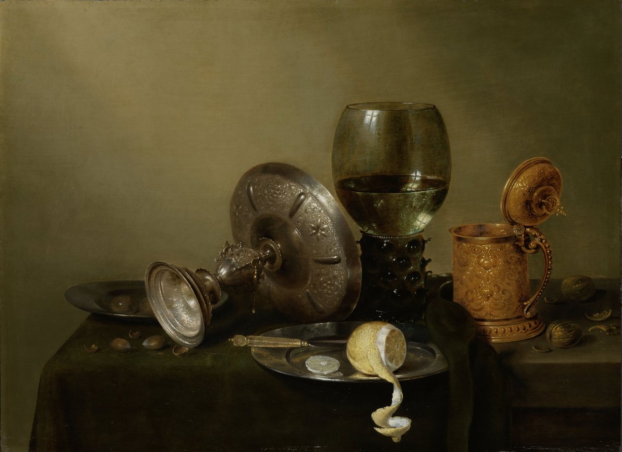 Naturaleza muerta con jarra de cerveza dorada de Willem Claesz. Heda